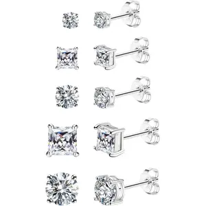 Fansilver  5 count Earrings for Men Women, CZ Round & Square Ear Studs, Cubic Zirconia Earrings Studs Set, Men's Earrings Hypoallergenic 3/5/8mm