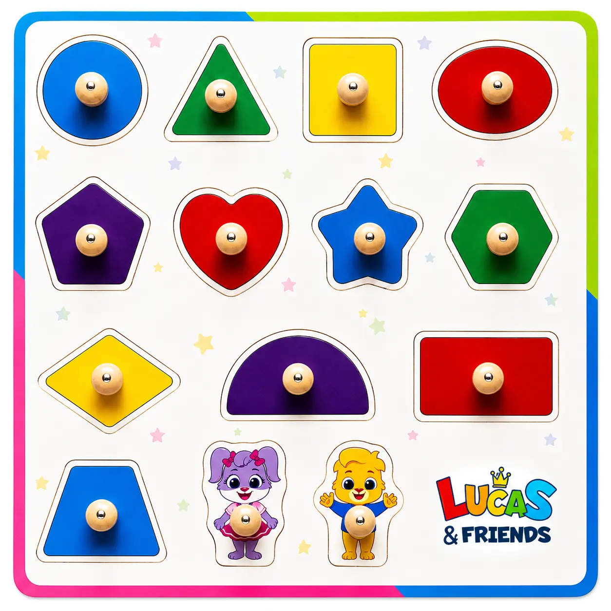 Lucas & Friends Montessori Wooden Peg Shape Sorter Puzzle Toys for Toddlers - 12 Shapes (Board, Round, Square), Bonus Character Pieces, Preschool Toy for Ages 3-5