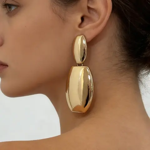 Elegant Golden Color Oval Unique Design Earrings Set, Fashionable Jewelry, Dual Layer Sparkling Design, Perfect for Daily Wear, Parties, Festive Gifts, Elegant Minimalist Earrings