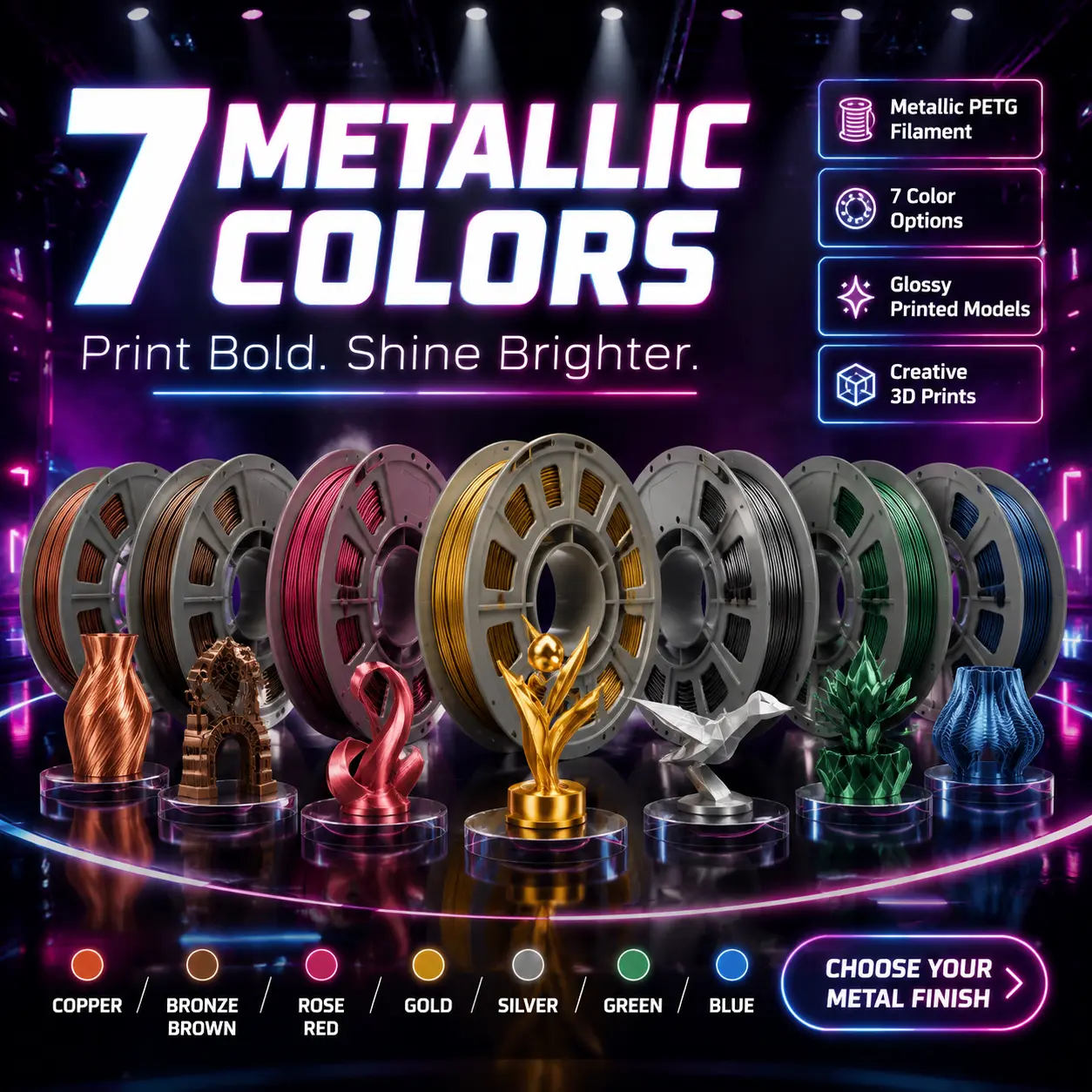 7 Pack Metallic PETG 3D Printer Filament Multi-Color Bundle, 300g (0.66 lbs) Mini Test Spools Each, 1.75mm ±0.02mm, Low Warping, Less Stringing, Shiny Finish, Compatible with Most FDM 3D Printers
