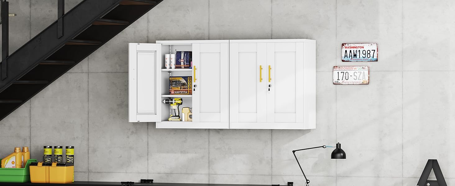 White Metal Wall Mounted Bathroom Cabinet – 2 Doors & Adjustable Shelves, Moisture-Resistant Storage for Over Toilet or Kitchen, Small Space LED Lighted Charging Dresser