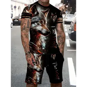 Men'S Summer Sportswear Wolf 3D Cool Print Short-Sleeve Outfit, Stylish Two-Piece Set Including T-Shirt And Shorts.
