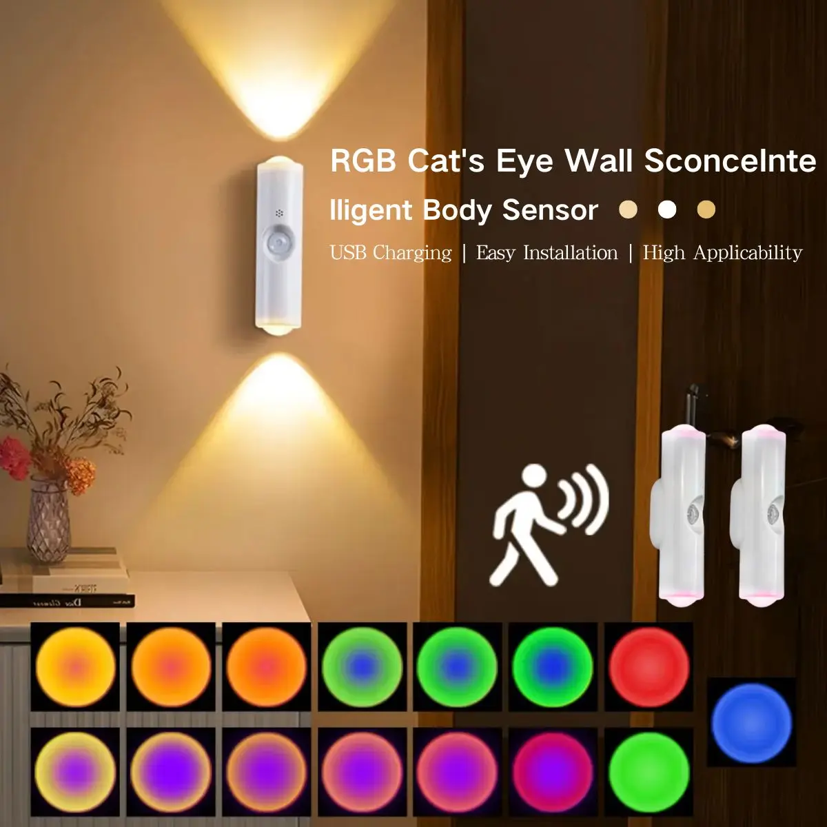RGB Gradient LED Night Light with Motion Sensor, Illuminated Decorative Night Light, Magnetic Wall Lamp for Bedroom Bathroom Closet Garden Hallway Stairs Home Decor, Lighting Modes Adjustable, Ambient Night Lights