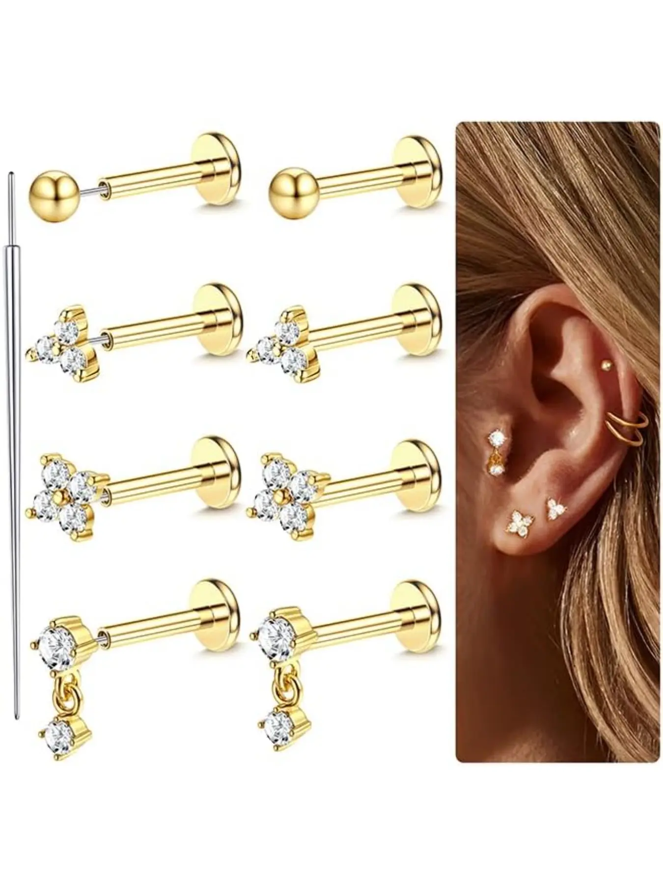 Steel Tragus Piercing Jewelry, Surface Tragus Piercing Jewelry, Labret Piercing Jewelry, Threadless Push-In Nose Studs, Gems Nose Ring, Hinged Septum Ring, Tragus Earrings, Flat Back, 6/7/8mm