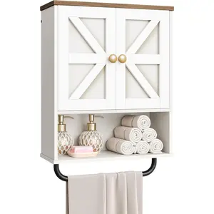 Bathroom Wall Cabinet, Medicine Cabinet with Open Partition and Towel Bar, Rustic Storage Cabinet with Open and Hidden Storage Space, for Bathroom, Living Room, Kitchen, White and Walnut