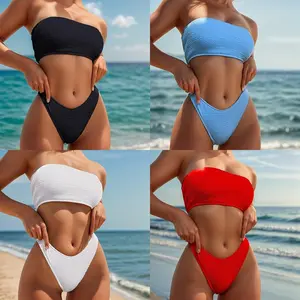 Women's Aesthetic Solid Bandeau Bikini - Minimalist Strapless 2-Piece Thong Swimsuit, Bandeau Bikinis Bottoms for Beach Vacays & Pool Parties beachwear stylish swimwear