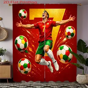 2 Piece Polyester 2D Print Character Theme Curtains, Football Star Pattern Rod Pocket Curtains, Bedroom and Living Room Decor