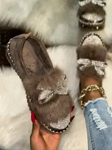 Women's Casual Faux Fur Mary Janes Flats, Cute Butterfly Rhinestone Decor, Round Toe Slip-On Shoes, All-Season Comfort, Ballet Flat