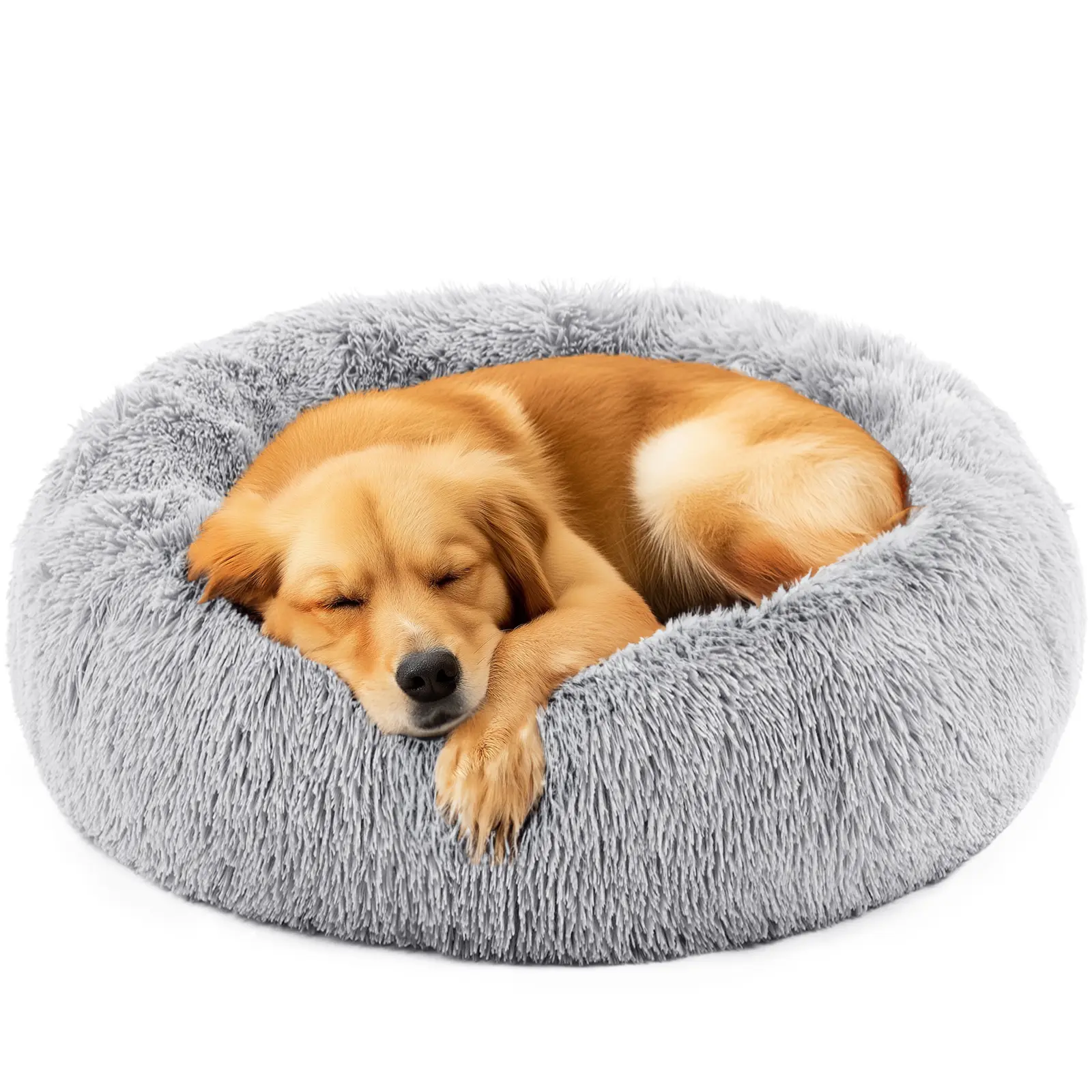 Plush Faux Fur Calming Donut Puppy & Cat Bed - Anti-Anxiety Curlup Bolster, Waterproof, Anti-Slip, Brown, 20×20×8 In (for Small Dogs), Puppy Bed