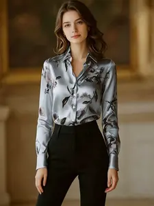 French Retro Floral Print Satin Shirt, Multiple Colors Available, Notch Lapel Long Sleeve Top, Office Commute / Date Lightly Mature Style Blouse