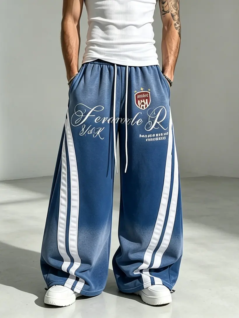 Unisex streetwear sweatpants with a gradient washed letter print, side stripes, elastic waistband, adjustable hem, and wide legs—no back pockets. sohochic sohochic sohochic sohochic sohochic sohochic