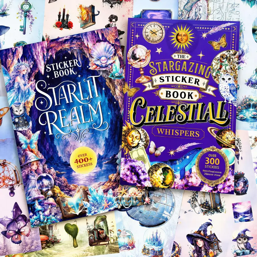 Vintage Astrology Fantasy Magic Sticker Book (8.3 x 5.5 inches, 400+ PCS, 2-in-1 Side Flip Set) with Stickers & Patterned Papers, Unisex Crafts Supplies for Space Celestial Journaling Scrapbooking, 300+ Pcs