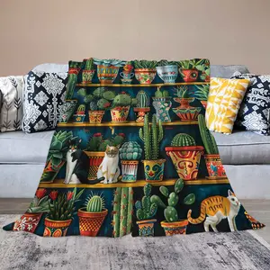 Vintage Cabin Cactus Florals Soft Warm Cozy Blanket, Watercolor Abstract Exotic Animal CatThrow Blankets for Boys Girls Fuzzy Plush Blanket Fleece Lightweight Flannel Kid Adults Gift for Bed Couch Sofa-