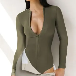 FAIABLE Women's Long Sleeve Knit Sexy Bodysuit Top with Zipper Front Slim Fit Stretchy One-Piece Romper for Layering & Essential Daily Streetwear Trendy Fashion Bodycon Jumpsuit Going Out & Casual Chic Outfits
