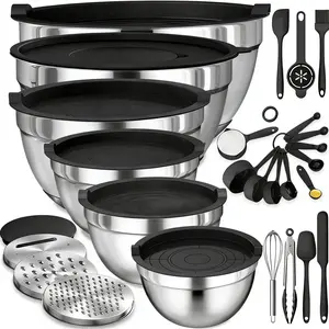 21PCS Complete Stainless Steel Mixing Bowls Set with Lids, Graters, Whisk & Baking Utensils, Nesting Stackable Kitchen Prep Set