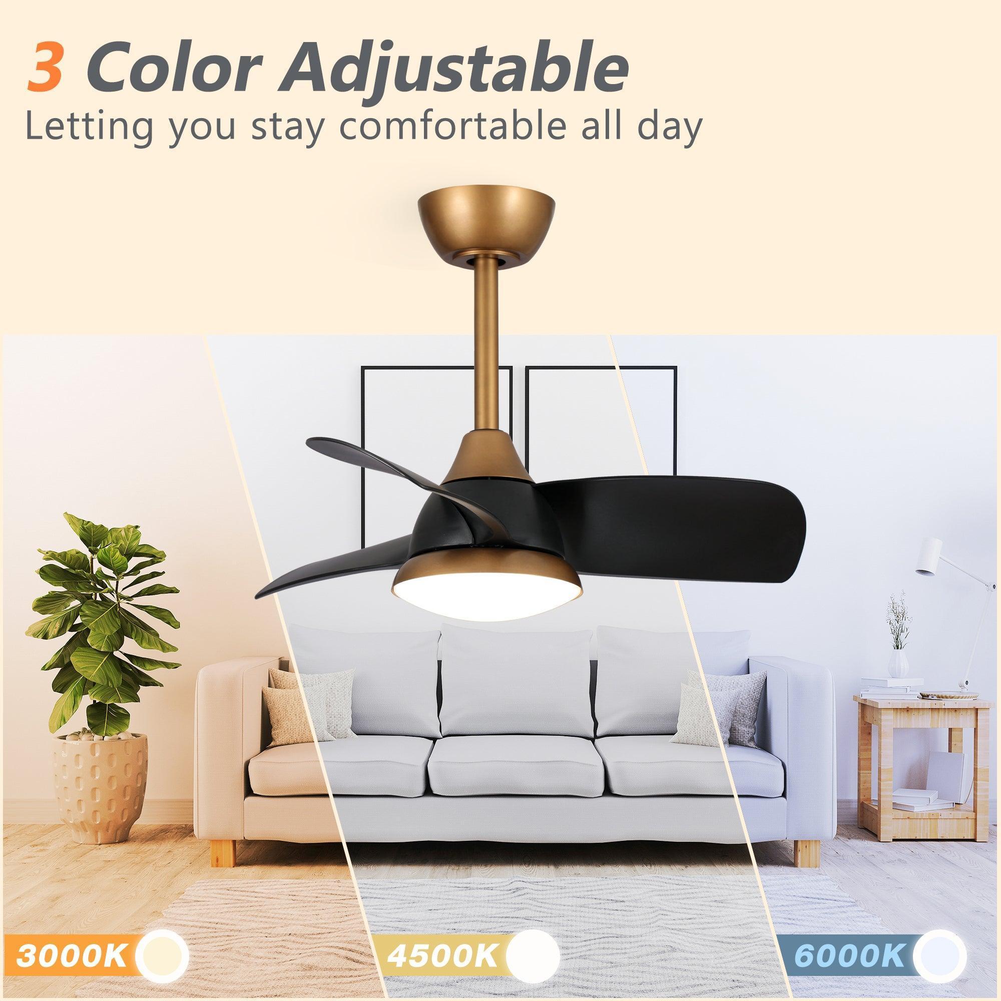 28" Modern DC Motor Ceiling Fan, Downrod Mount, Reversible Blades with Dimmable LED Light & Remote Control