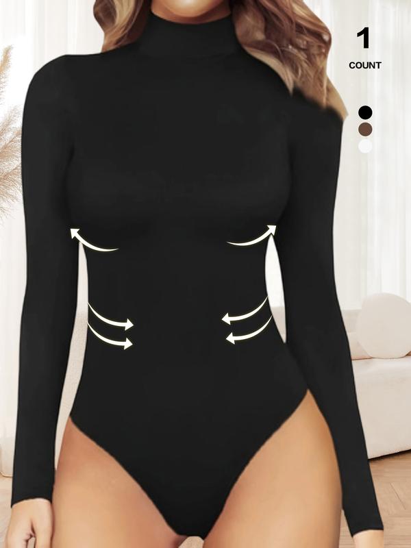 Women's Tummy Control Mock Neck Bodysuit, Long Sleeve Stretchy Slim Fit Jumpsuit, Elegant Body Shaper Top, Casual Lounge Leotard