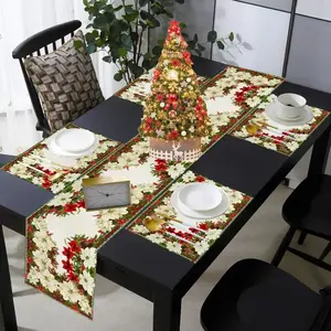 1 piece/5 piece set/7 piece set Christmas table runway and checkered printed design placemat, washable linen material, suitable for holiday dining decoration, indoor and outdoor use, daily dining, holiday dining and party decoration