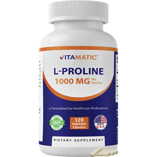 Vitamatic Vitamin L-Proline Dietary Supplement - 1000 MG Per Serving, 120 Vegetarian Capsules, Free Form Amino Acid, Non-GMO, Gluten Free, Made in USA, Sugar Free, Gmp Certified