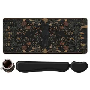 4pcs Mysterious Dark Floral with Crow Design Mouse Pad + Keyboard Wrist Rest + Ergonomic Mouse Pad + Coaster Set For Desktop Decoration, Office Accessories Set Ergonomic Wrist Support, Computer Mat Mouse Pad Coaster Suitable For Home Office Gaming