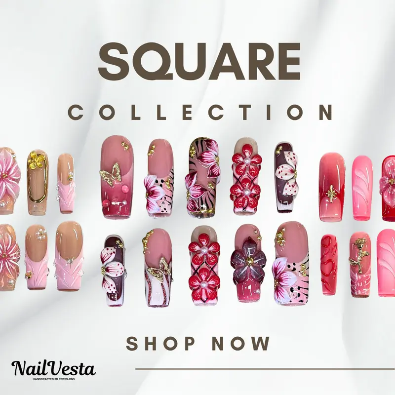 NailVesta SQUARE COLLECTION – 100% Handcrafted 3D Press-On Nails | Reusable, Long-Lasting, Salon-Quality Handmade Gel Nails