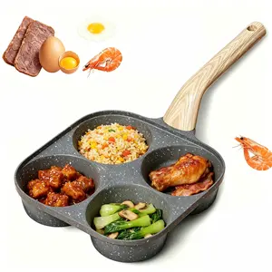 4-Hole Non-stick Egg Frying Pan Skillet – Round Egg Cooker with Wooden Handle, Multifunctional Breakfast Pan for Pancakes, Burgers & Eggs