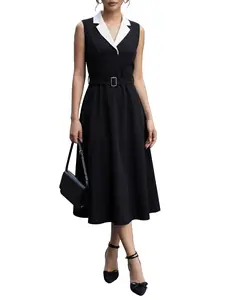 Women's Fashion Suit Collar Solid Sleeveless Waist Belt Design Evening Midi Dress, Elegant Formal Wear Party Wear, Stylish Long Dress for Special Occasions
