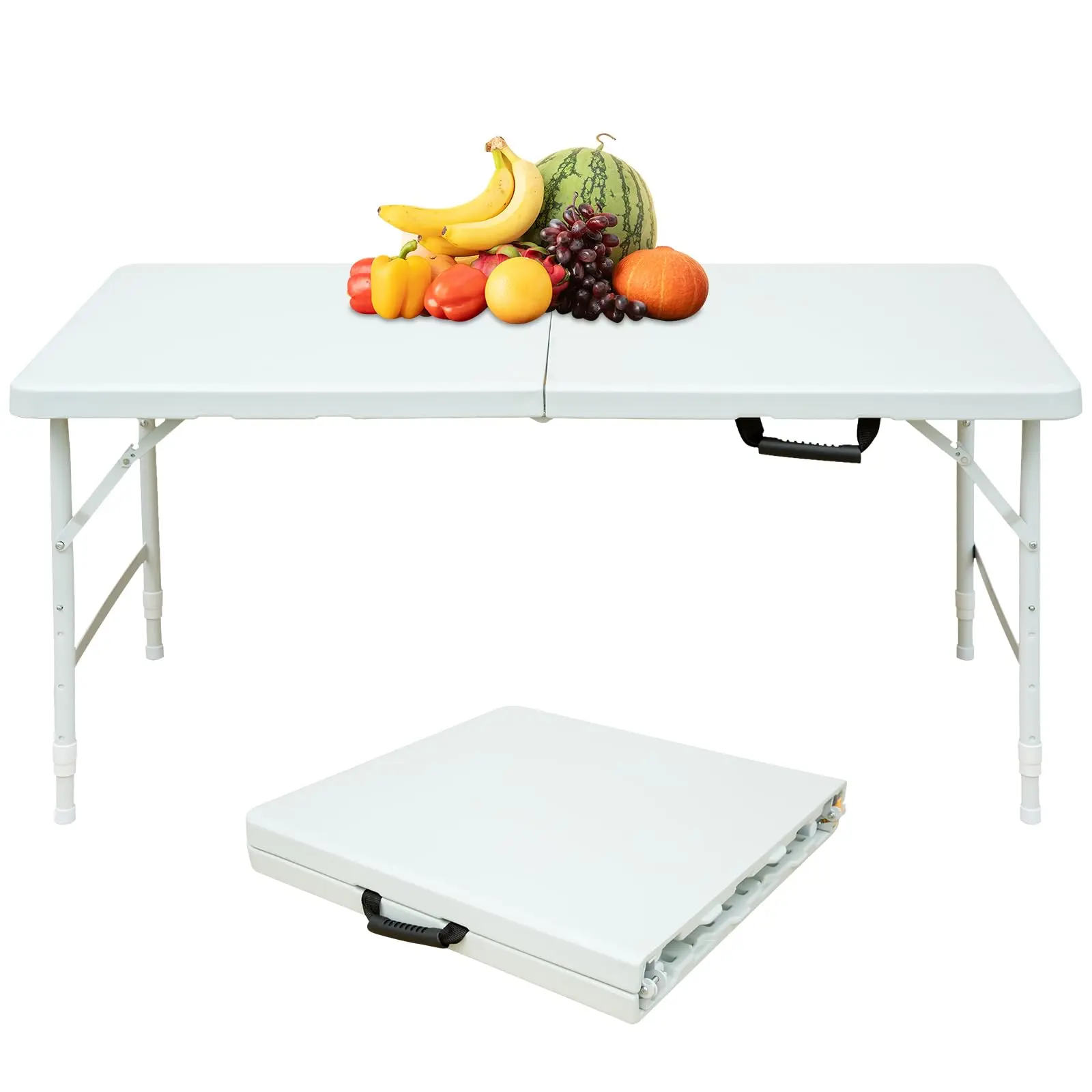 Portable 4ft Adjustable Height Plastic Folding Table - Heavy Duty Fold-in-Half Table with Carrying Handle - Utility Table for Picnic, Party (White)