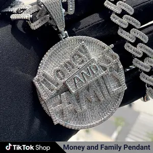 Large "Money and Family" Letter Hip Hop Round Pendant Engraved CZ Star Iced Out Bling Full Paved Zircon Jewelry for Men and Women