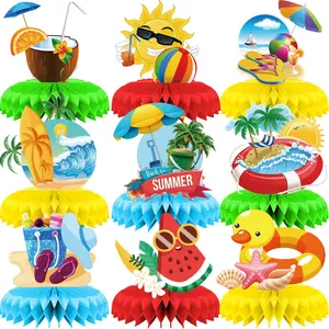 9Pcs Summer Beach Party Honeycomb Centerpieces, 3D Tropical Table Decorations for Pool Party, Luau Birthday Decor, Hawaiian Party Supplies, Summer Table Toppers for Party, Watermelon Sun Coconut Elements