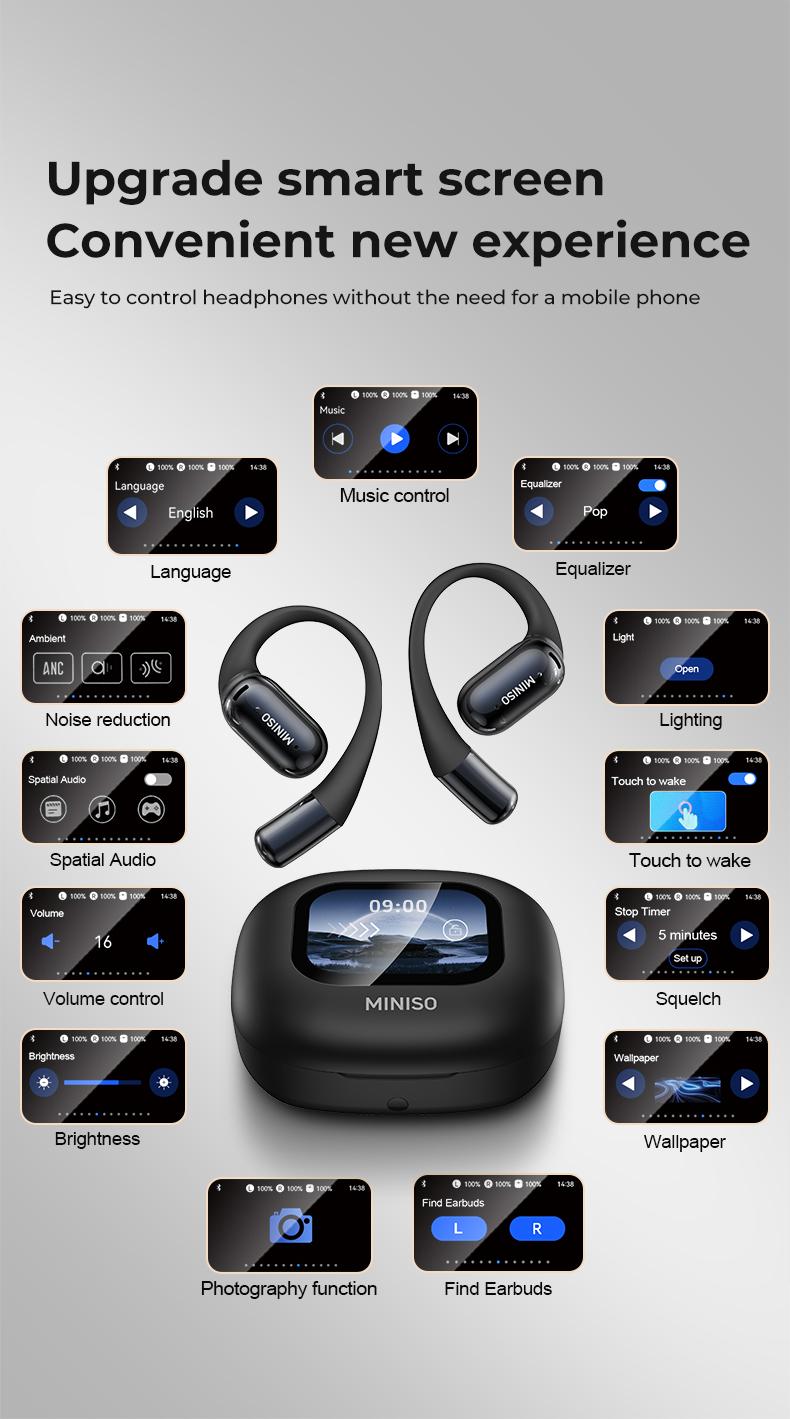 MINISO M93True Wireless Open Ear Earbuds Bluetooth 5.4 IPX5 Waterproof 48Hours Play time OWS Headphones Immersive Premium Sound Long Distance Connection Headset with Charging Case Light-Weight Headphones Built-in Microphone Earbuds