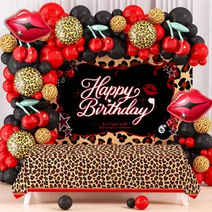 Cheetah Print Birthday Party Decorations Balloons Kit Backdrop Tablecloth Party Pack, Foil Balloons Red Cherry Print | Red Lips | Cheetah Pattern for Girls Women