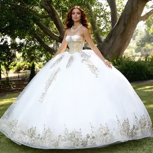 QUINCEAÑERA BALL GOWN IVORY / GOLD STRAPLESS CORSET PRINCESS DRESS – PQ1102