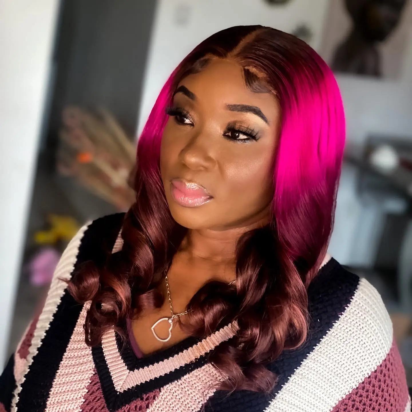 Hot Pink/Honey Brown 4x4 Lace Closure Wig - Customizable Human Hair with Natural Hairline, Soft & Lightweight, Bold Gradient Color