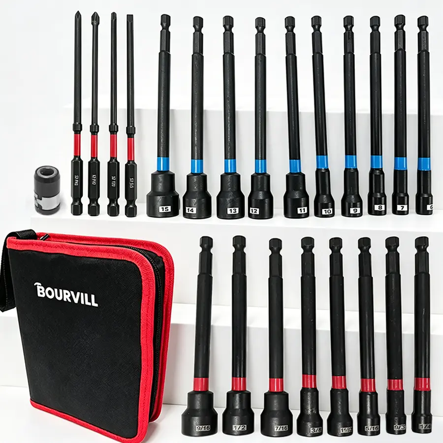 23Pcs Long Type & 29Pcs Short Type Magnetic Nut Driver Bit Set, 1/4 Inch Hex Shank, Metric & SAE Dual Sizes, CR-V Steel Impact Socket Bits Kit with Extension Bar & Canvas Storage Bag