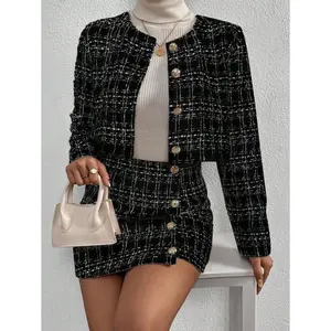 Plaid Button Front Crop Jacket & Skirt Fall Cloth For Women