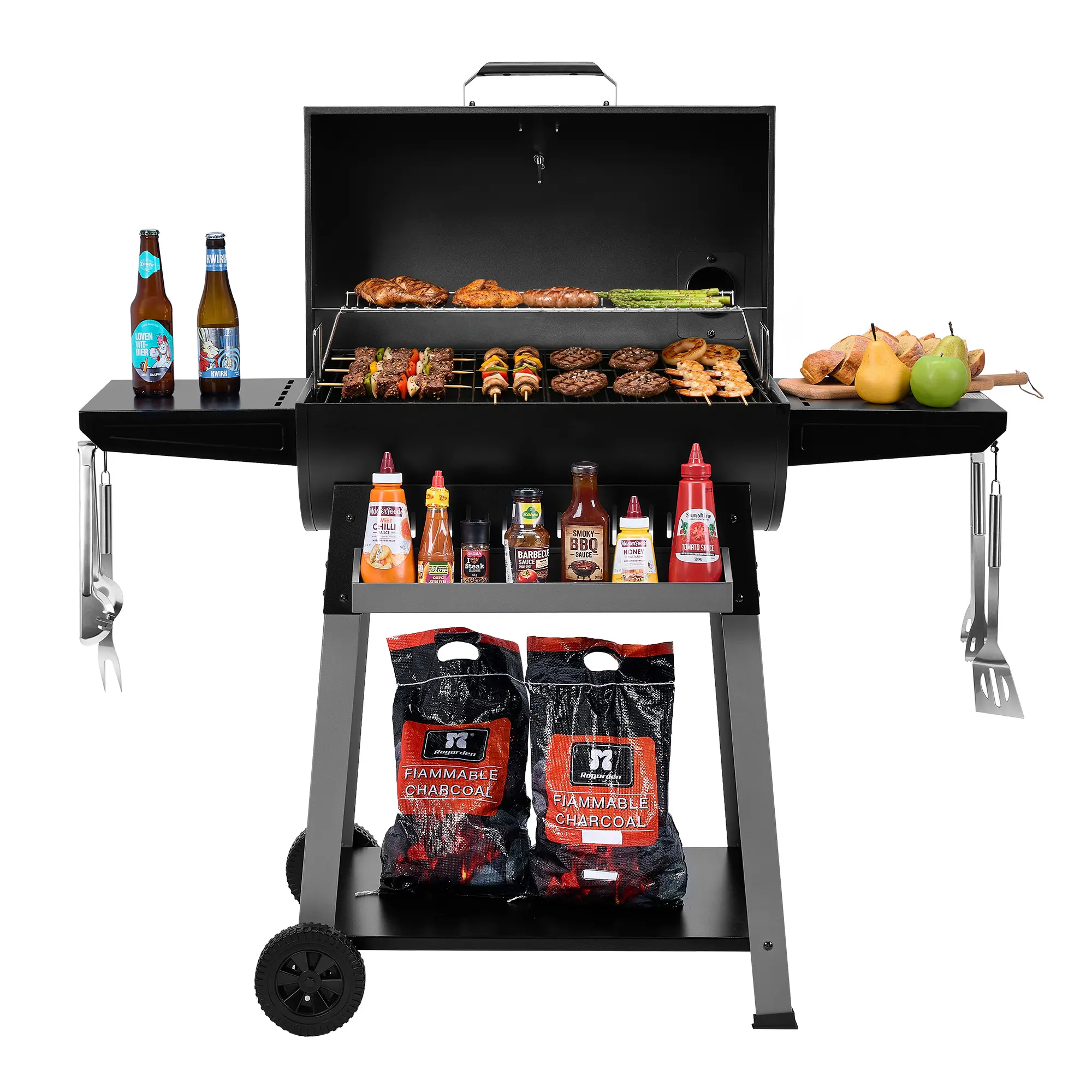 Royal Gourmet CC1831T Barrel Charcoal Grill with Side Shelves & Hanging Basket & Bottom Shelf, 626 Sq In Large BBQ Pit, Heavy Duty Outdoor Smoker with Bottom Shelf, Ideal for Backyard, Patio Parties and Picnics, Black
