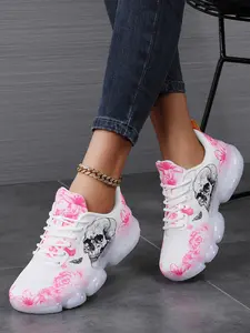 Women's Rose & Skeleton Print Lace Up Sneakers, Casual Comfortable Thick-soled Height-increasing Chunky Sneakers, Outdoor Travel Training Shoes, Floral Print Sneakers