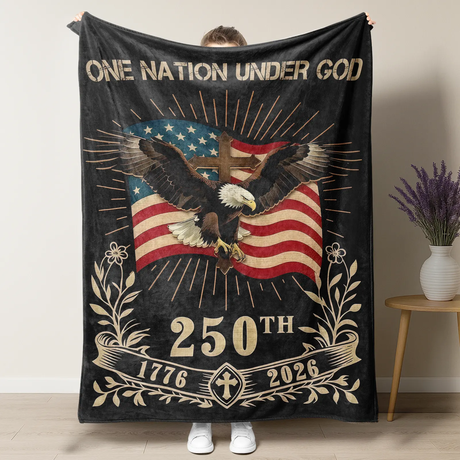One Nation Under God Patriotic Blanket,America 1776-2026 250th Anniversary Semiquicentennial Flannel Blanket,4th of July & Independence Day Decor For Proud Americans