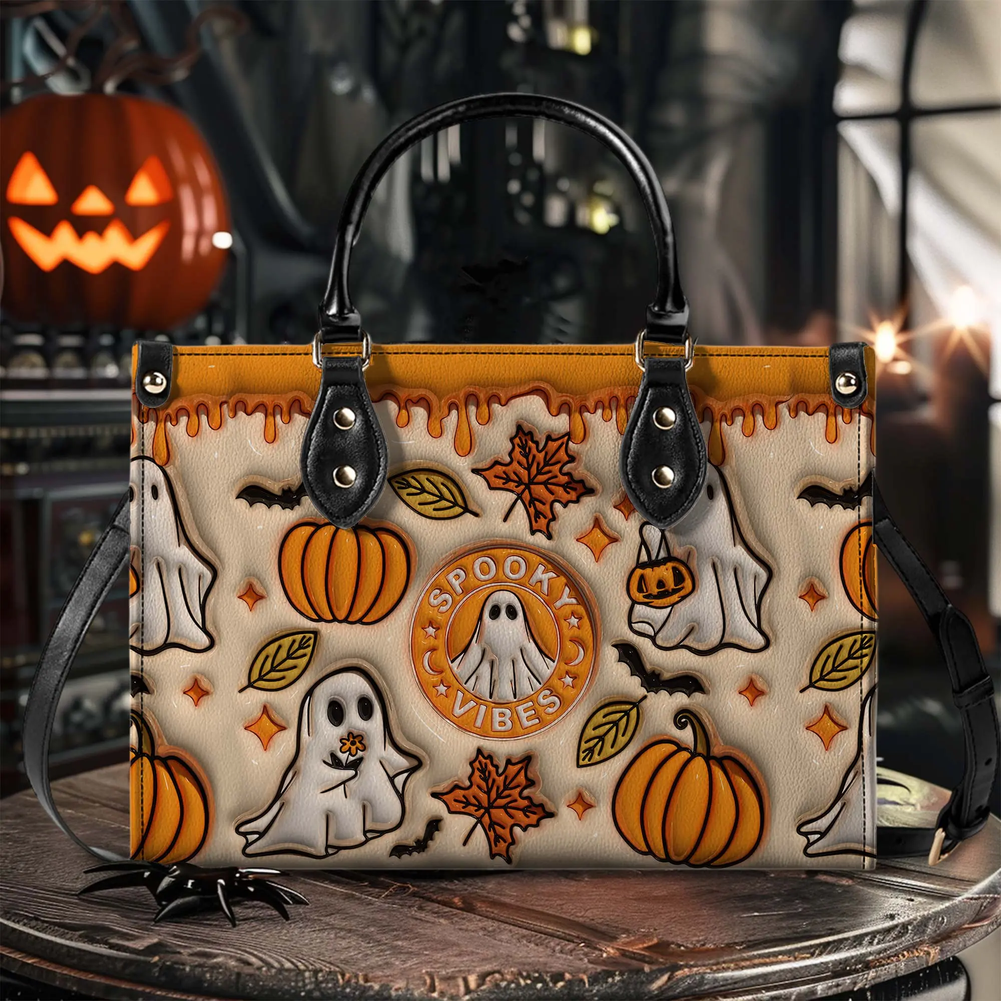 Spooky Vibes Halloween Leather Handbag for Women, Cute Ghost Pumpkin PU Leather Tote Bag, Halloween Shoulder Purse, Fall Autumn Fashion Bag, Trick or Treat Handbag, Witchy Accessories, Cute Halloween Gift for Women