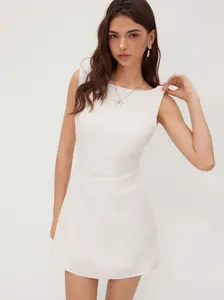Women’s Linen Blend Backless Mini Dress – Boat Neck Tie Back Summer Beach Dress