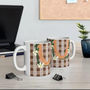 Brown Palaka Flower Lei Mug with Plaid Design and Floral Accents for Everyday Use
