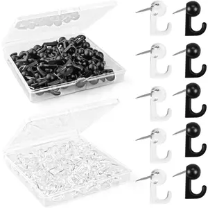 100 PCS Push Pin Hooks Plastic Heads Cork Board Thumb Tacks Decorative Pin with Hooks for Photo Wall,Bulletin Board,Home,Office,School Supplies,Black and Clear