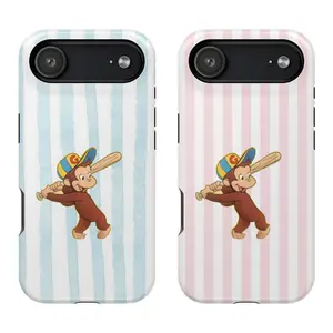 Cute Curious Monkey Baseball Phone Case – Pastel Pink & Blue Striped Aesthetic Phone Cover |   Kawaii Matching Case for Besties Phone Cover for iPhone 11 12 13 14 15 16 17 Plus Pro Max,Samsung 21 22 23 24 25