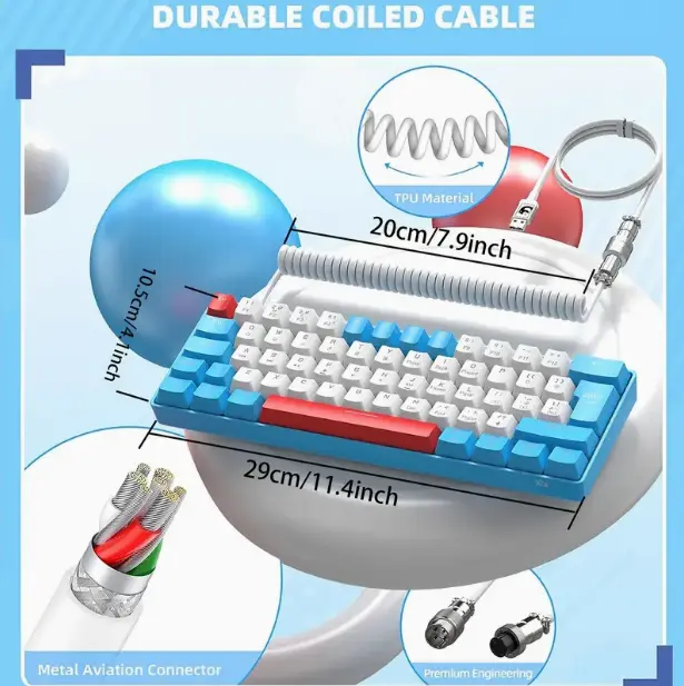 T60PRO 60% Mechanical Keyboard And Mouse Combo+Coiled USB C Cable, Compact RGB LED Backlit Keyboard, Linear Red Switch, 6400 DPI Programmable RGB Mouse For PC Mac Gamer(Blue&White)