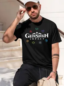GENSHIN IMPACT 2026 new model Black/White Tee Stylish & Comfortable Loose Crew Neck Short Sleeve T-shirts Versatile On Trend Eye Catching Printed Graphic Casual Tee for Daily Wear Outings & Leisur