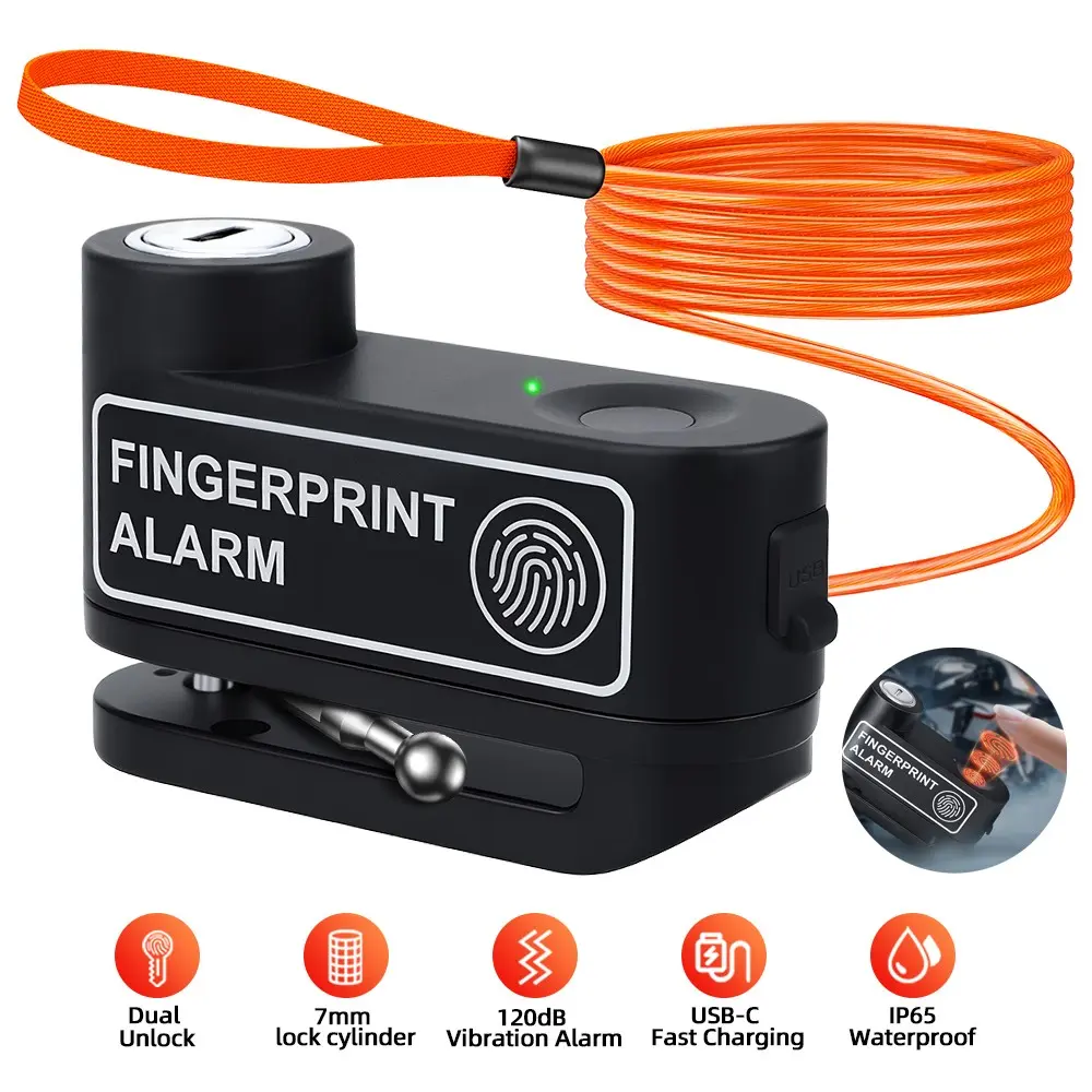 Motorcycle Alarm Fingerprint Unlock Disc Brake Lock, With Anti-Theft Reminder Rope, Rechargeable Bicycle Security System, Motorcycle Accessories