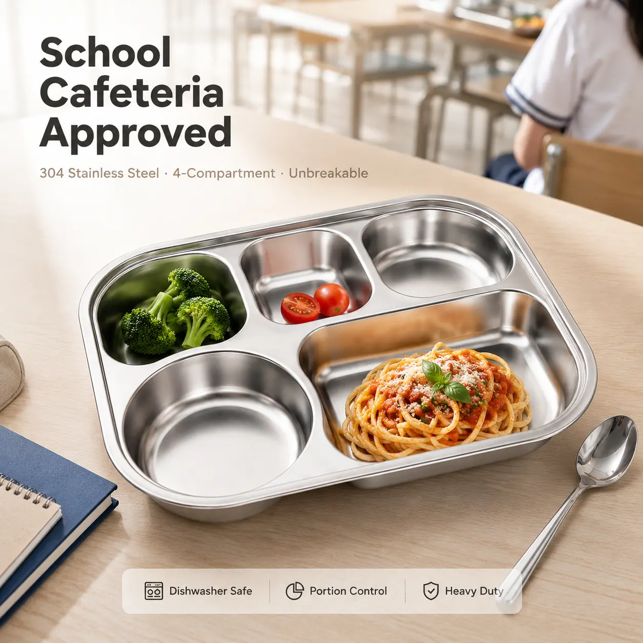 304 Stainless Steel School Lunch Tray – Heavy Duty 5-Compartment Plate for Cafeteria & Dining Hall – Dishwasher Safe, Unbreakable for Students & Kids