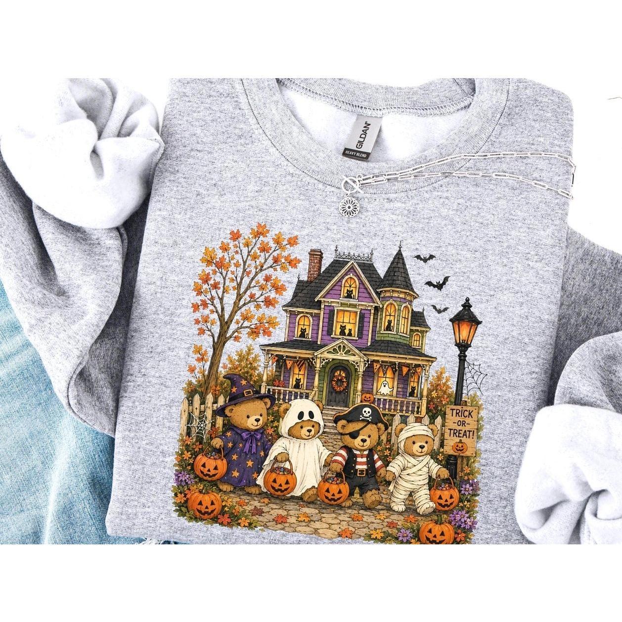 Halloween Teddy Bears Crewneck Sweatshirt, Spooky Haunted House Retro Graphic Hoodie, Cute Teddy Bear Halloween Pullover, Spooky Season Fall Aesthetic Clothing, Retro Vintage Autumn Season Outfit, Cute Spooky Halloween Gift for Women & Men