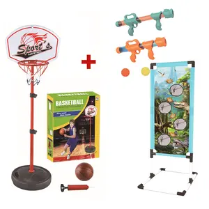 Basketball & Shooting Target Combo Set for Kids Ages 3-12, Adjustable Hoop with 2 Air Guns, Indoor Outdoor Sports Toys for Family, Birthday Christmas Gift for Boys Girls